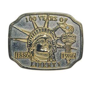 VTG 100 Years Of Liberty 1886-1986 Gold/Silver Tone Rhinestone Belt Buckle